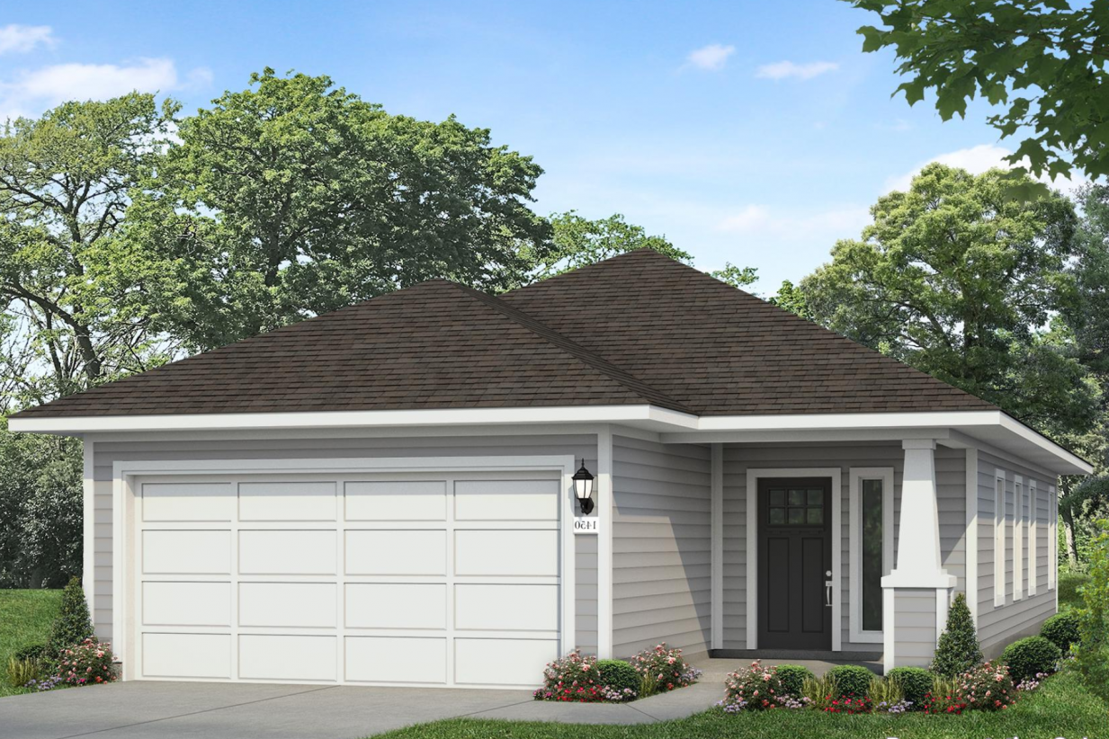 Image of a light grey one story house rendering