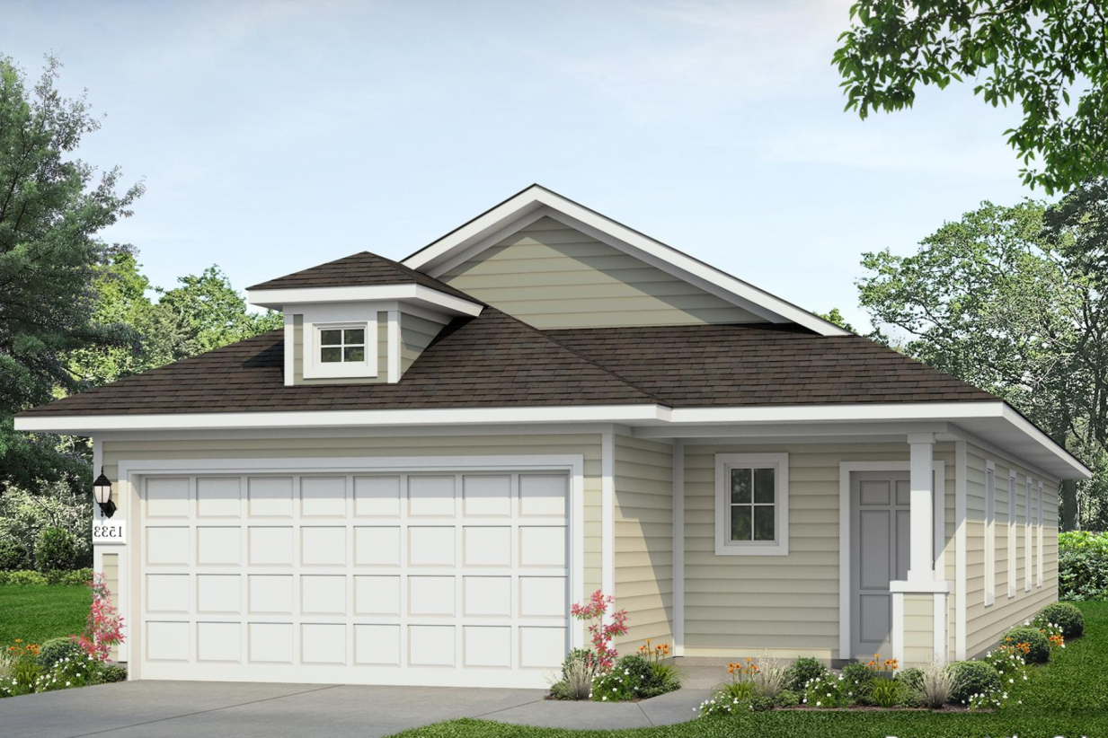 Rendering image of a one story house with light tan paint, a white garage and trim, and a light grey front door