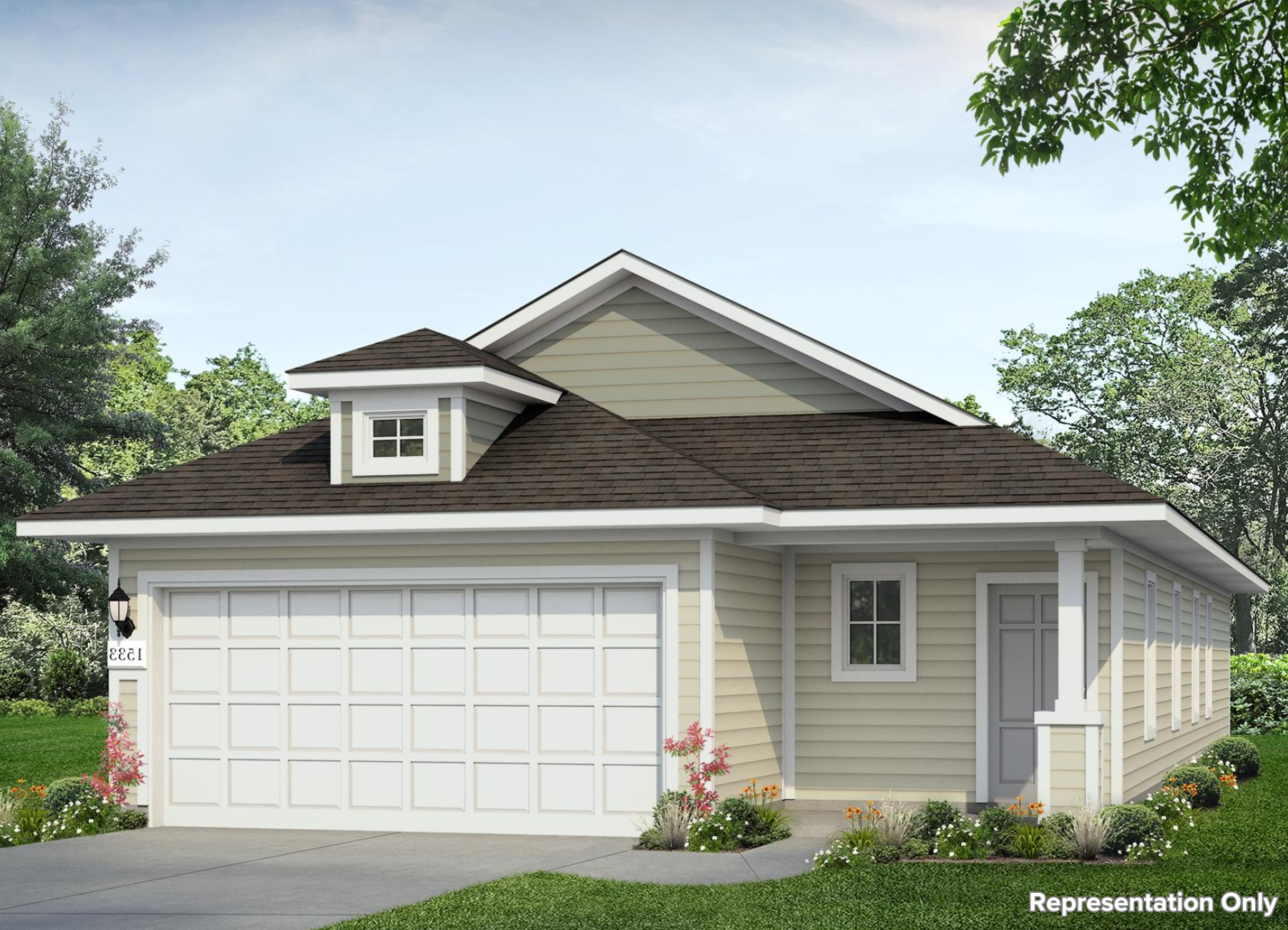 Rendering image of a one story house with light tan paint, a white garage and trim, and a light grey front door