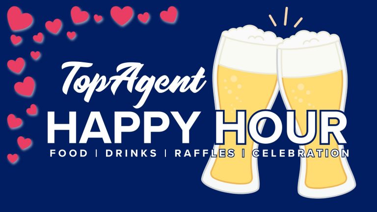 Title card with blue background, image of pink hearts in the top left corner and two beer glasses cheersed behind the text. White text "TopAgent Happy Hour. Food, drinks, raffles, celebration."