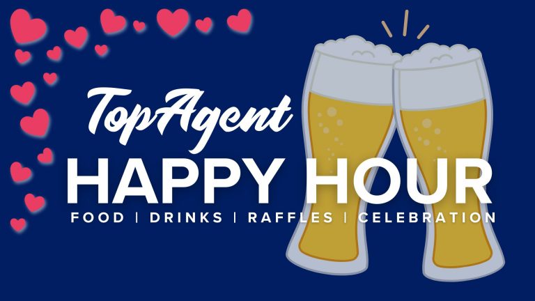 Title card with blue background, image of pink hearts in the top left corner and two beer glasses cheersed behind the text. White text "TopAgent Happy Hour. Food, drinks, raffles, celebration."