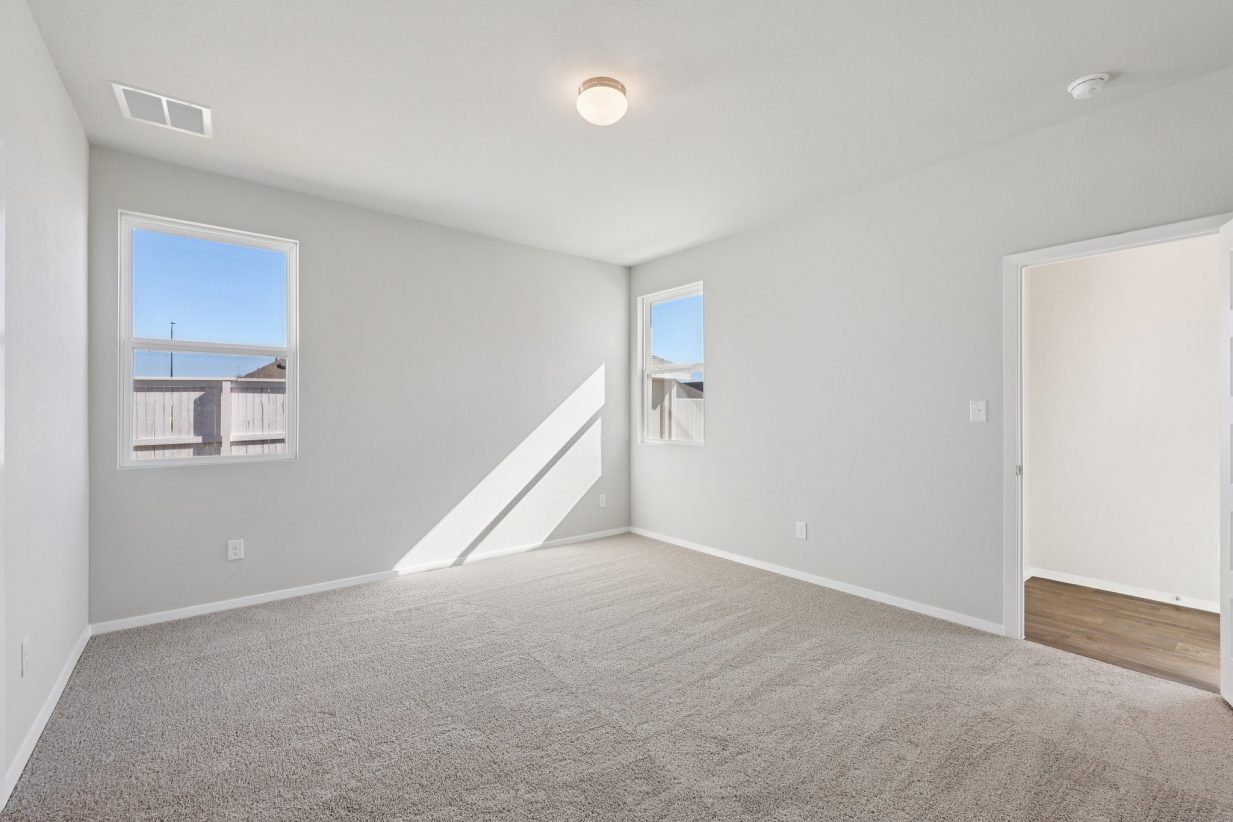 Image of a bedroom with light grey walls, tan carpeting and windows with white trim
