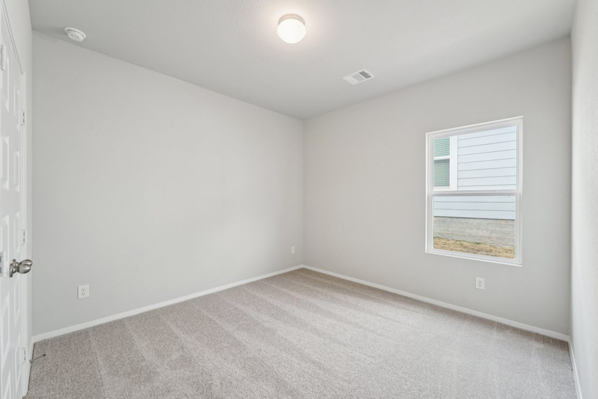 Image of a bedroom with light grey walls, tan carpeting, a window and white trim