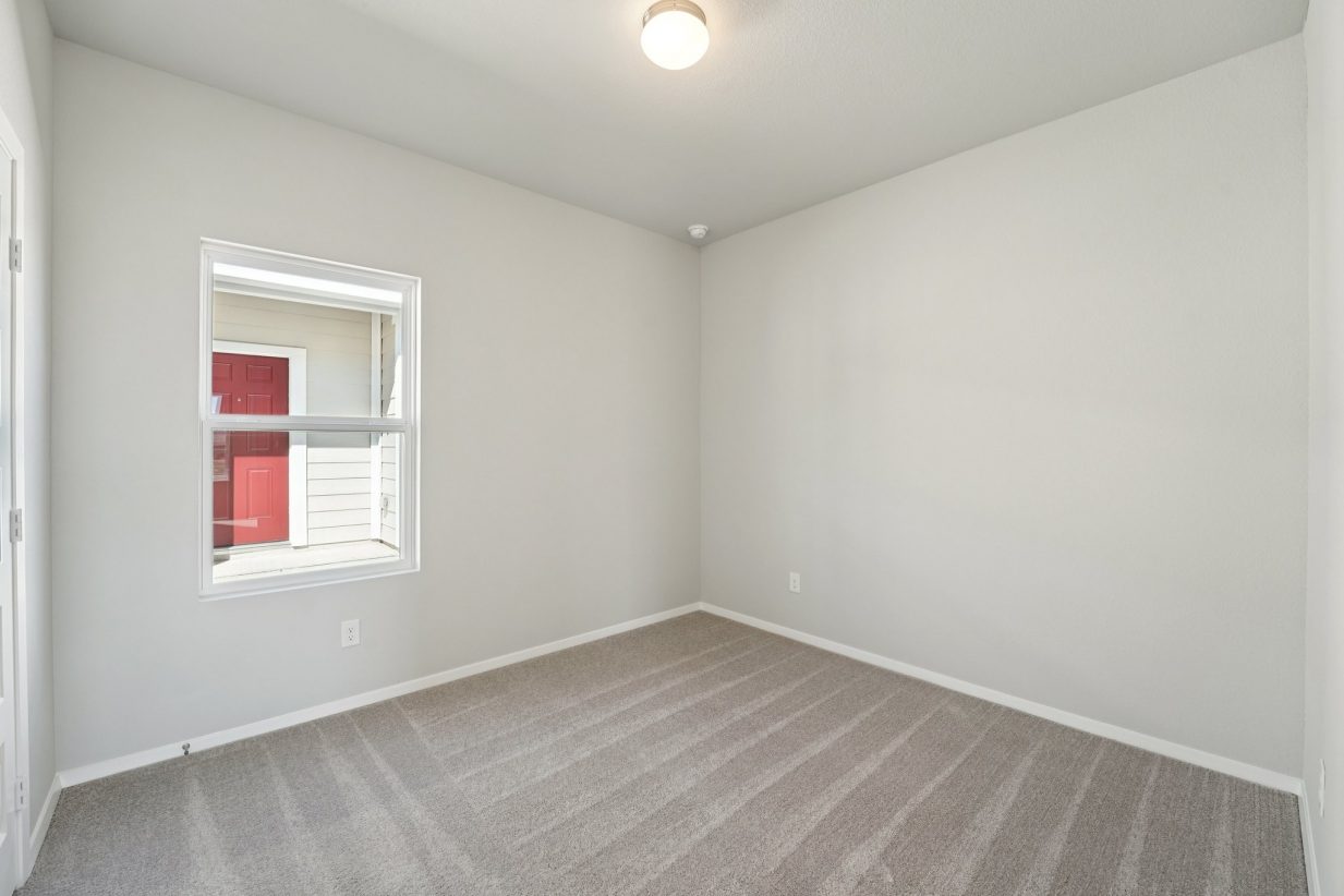 Image of a bedroom with light grey walls, tan carpeting, a window and white trim