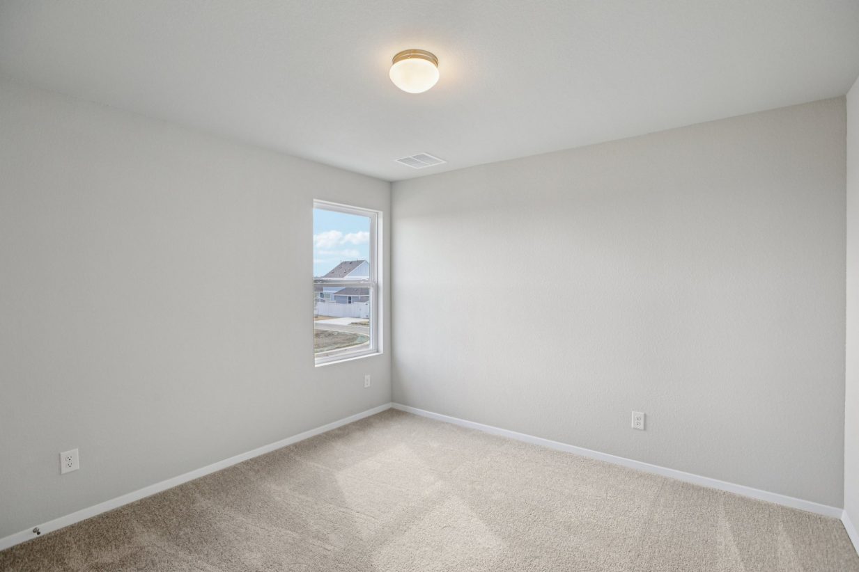 Image of a bedroom with light grey walls, tan carpeting and a window with white trim