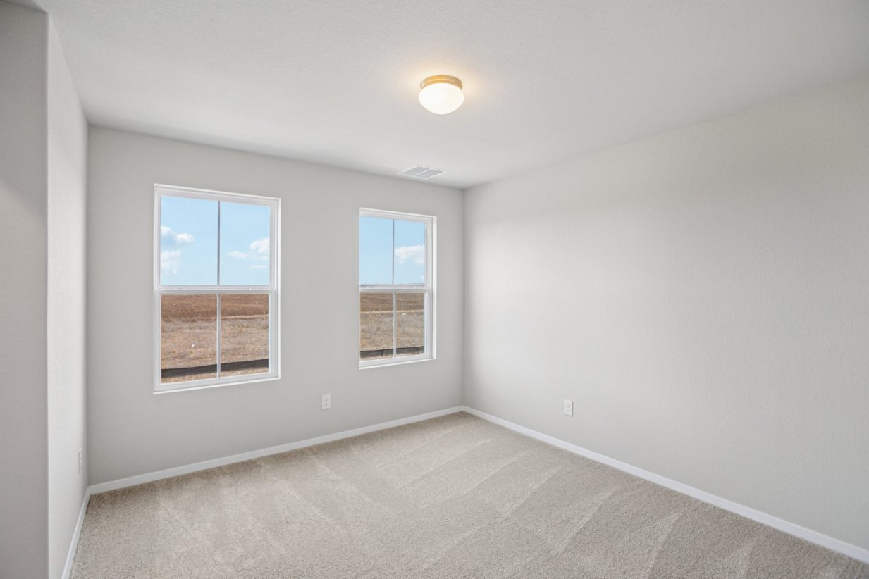Image of a bedroom with light grey walls, tan carpeting, two windows and white trim