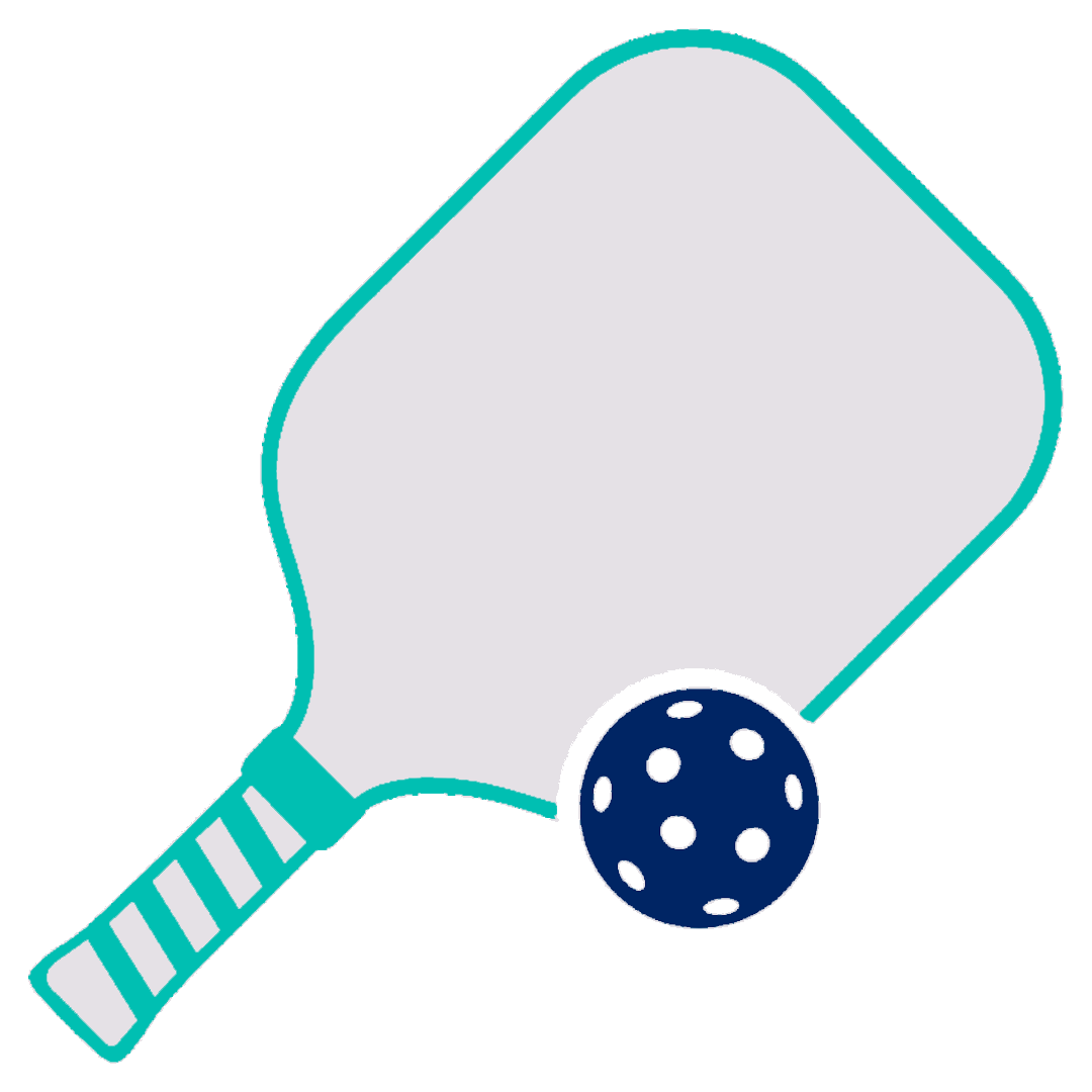 Brohn Homes Pickleball Icon Icon of a grey and teal pickleball paddle with a dark blue ball
