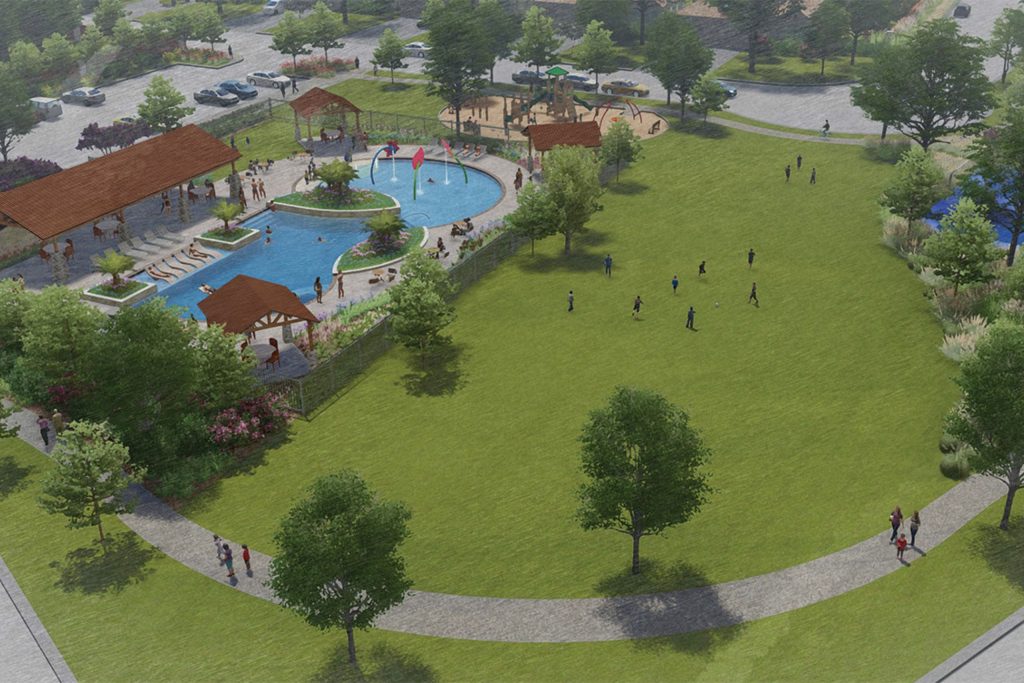 Rendering of aerial view of community amenity center including pool, pavilion, green space, and walking trails