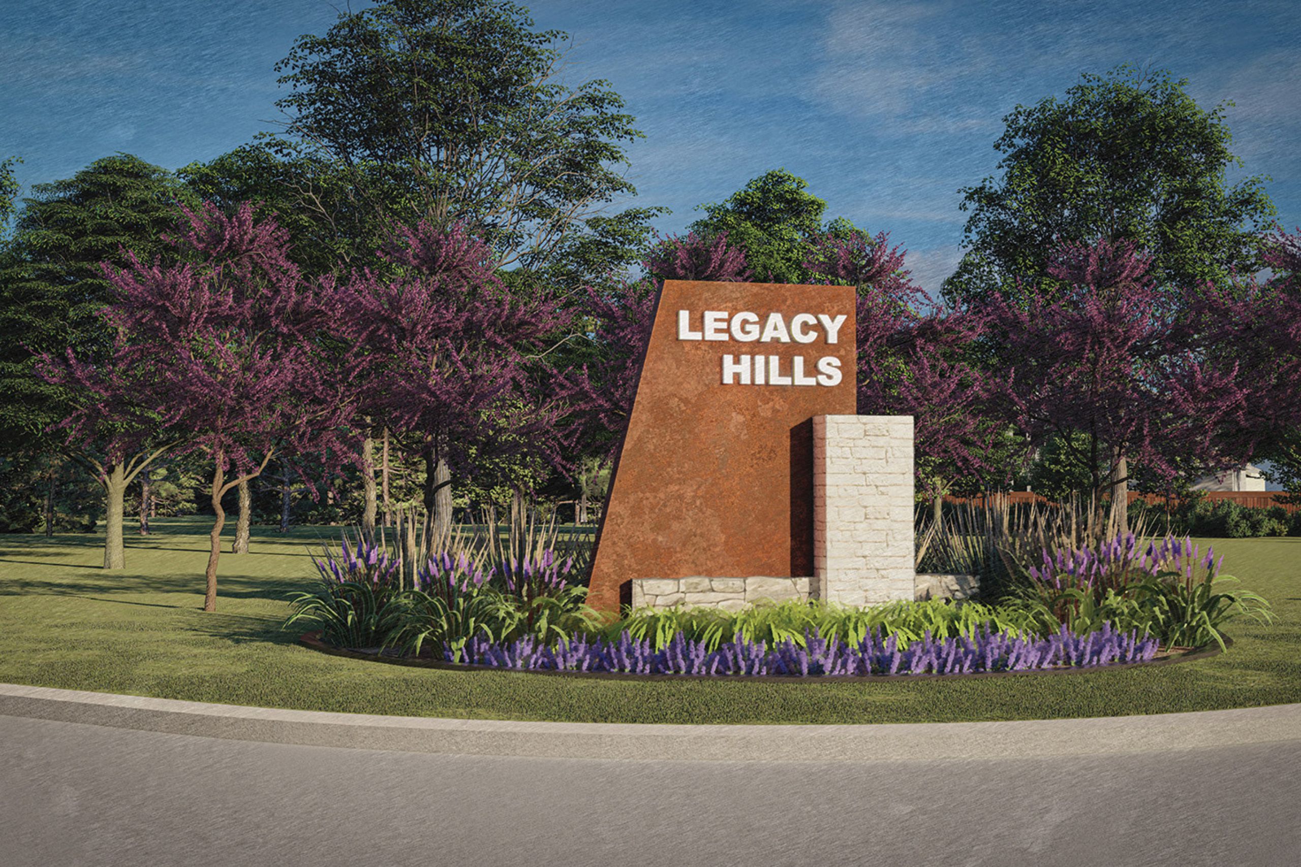 Rendering of community entrance monument for Legacy Hills surrounded by landscaping and trees