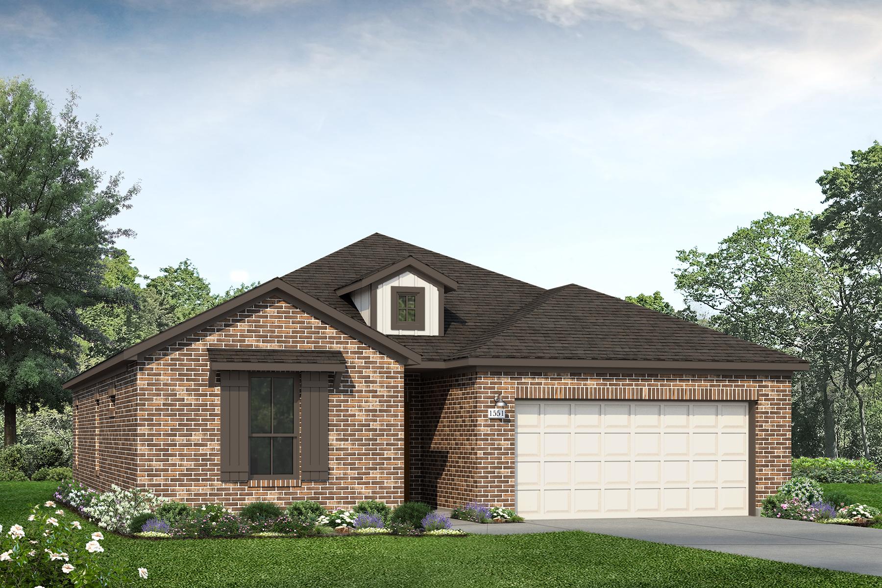 Rendering of one-story home with brick exterior, brown shutters, and light dormer window and garage with driveway and landscaping