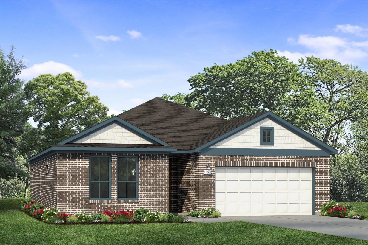 Rendering of one-story home with white siding, teal accents, and brick with driveway and landscaping