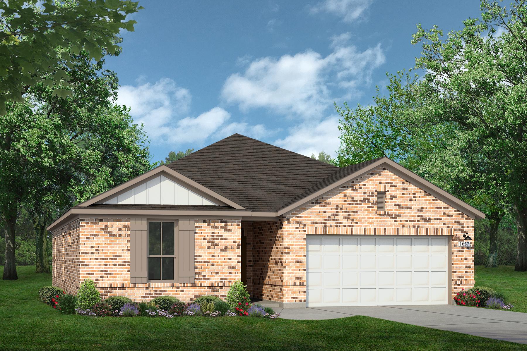 Rendering of one story home with two-tone siding, accents, and garage, and orange tone brick, as well as driveway, and landscaping