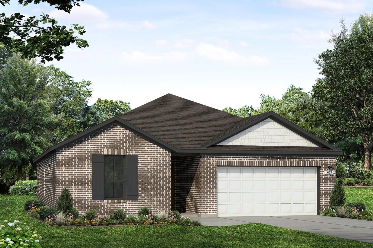 Rendering of one story home with light board and batten and garage, and dark brick, as well as driveway, and landscaping