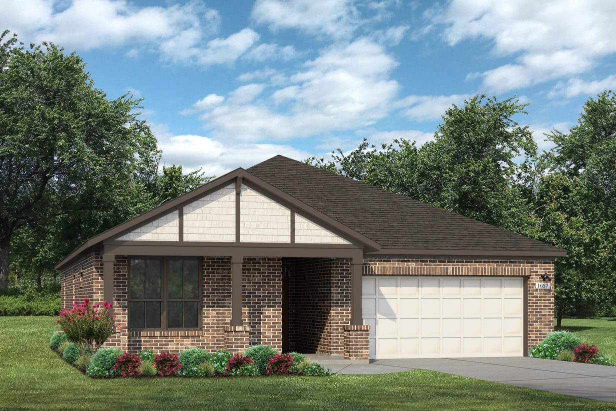 Rendering of one story home with two-tone siding, accents, and garage, and dark brick, as well as driveway, and landscaping