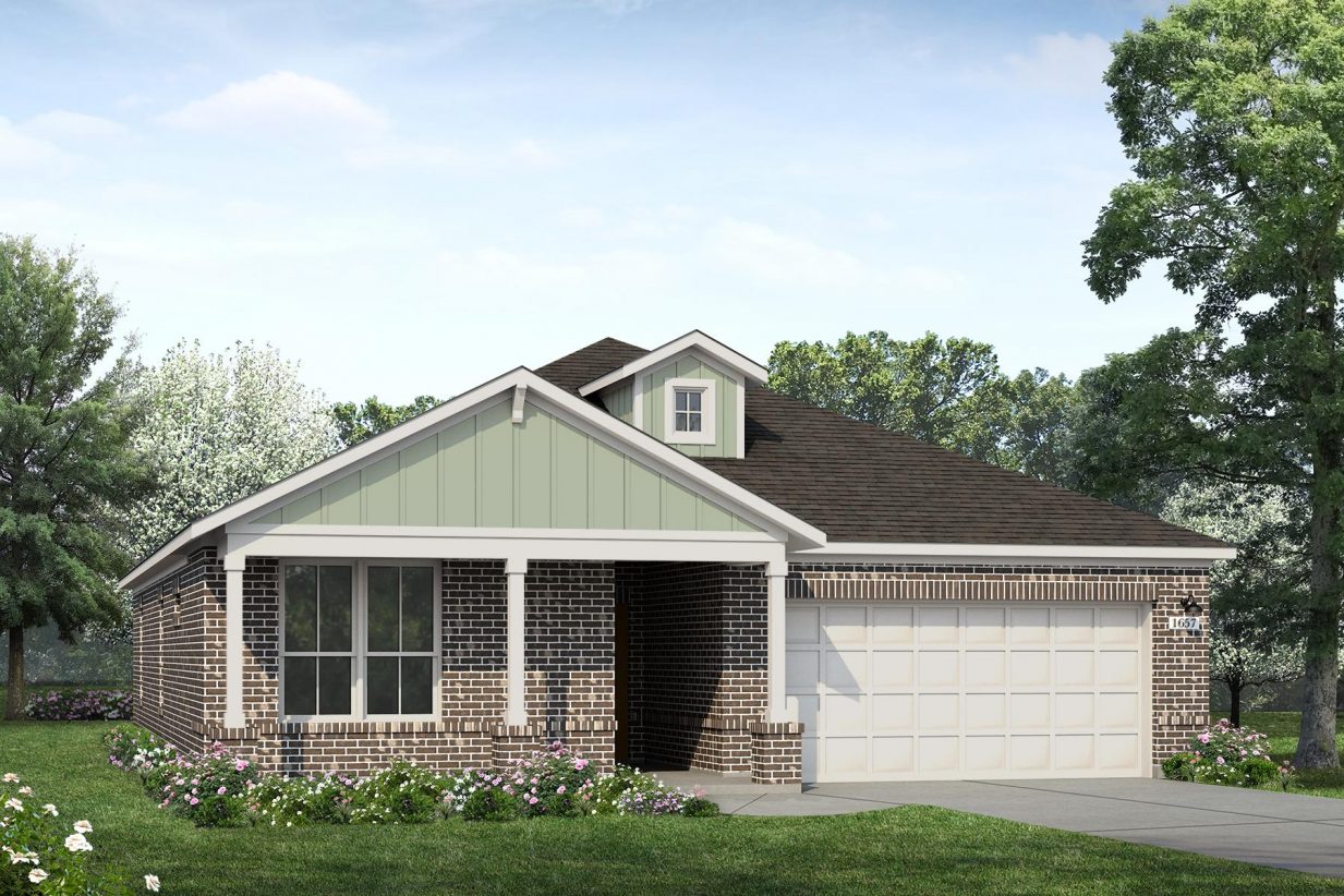 Rendering of one story home with green board and batten, light accents and garage, and dark brick, as well as driveway, and landscaping