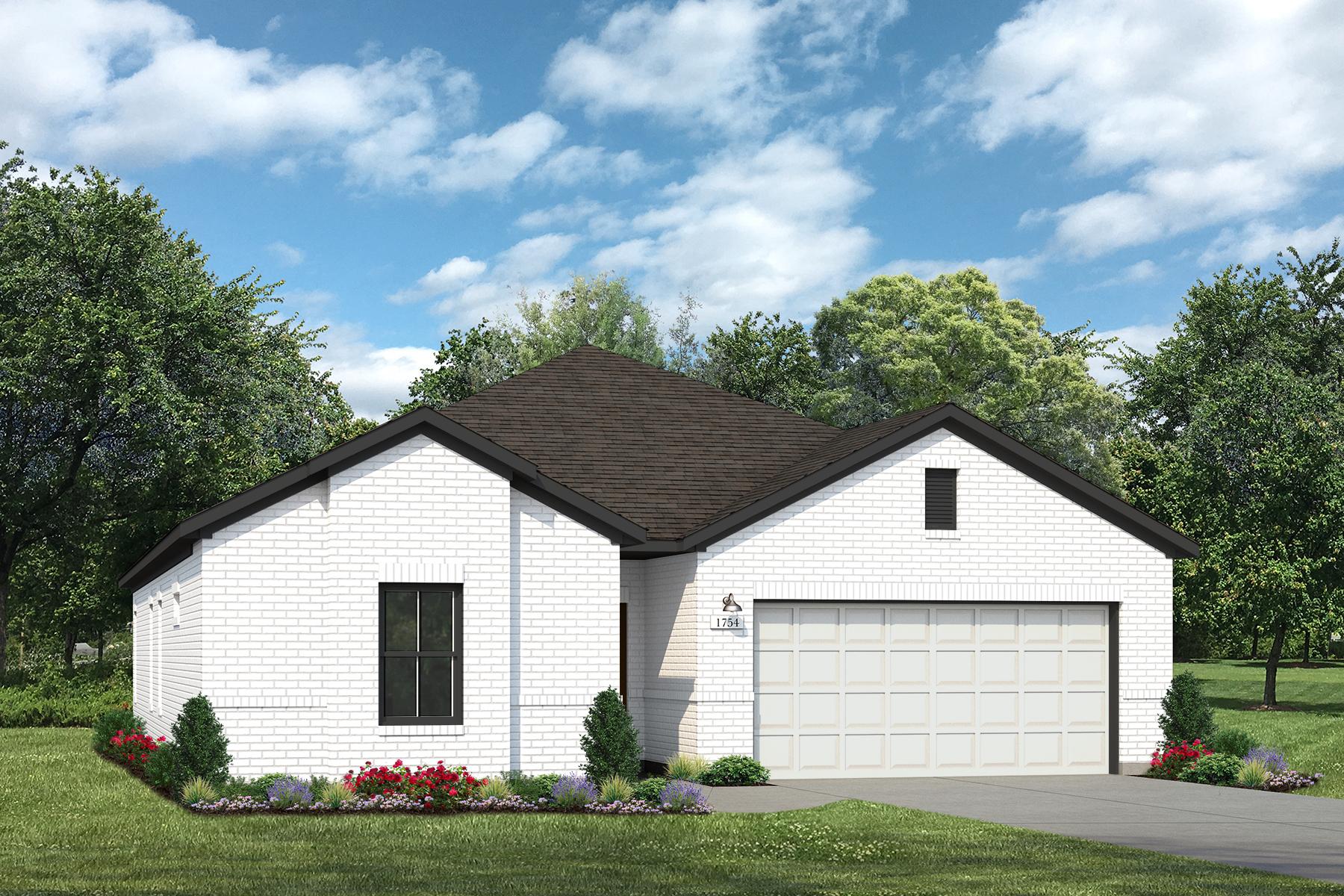 Rendering of one story home with white brick and garage and black accents, as well as driveway, and landscaping