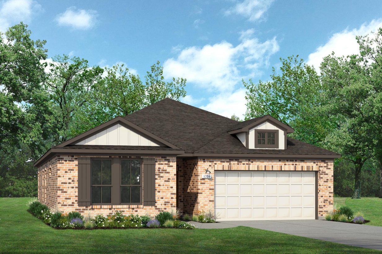 Rendering of one story home with two-tone siding, accents, and garage, and orange tone brick, as well as driveway, and landscaping