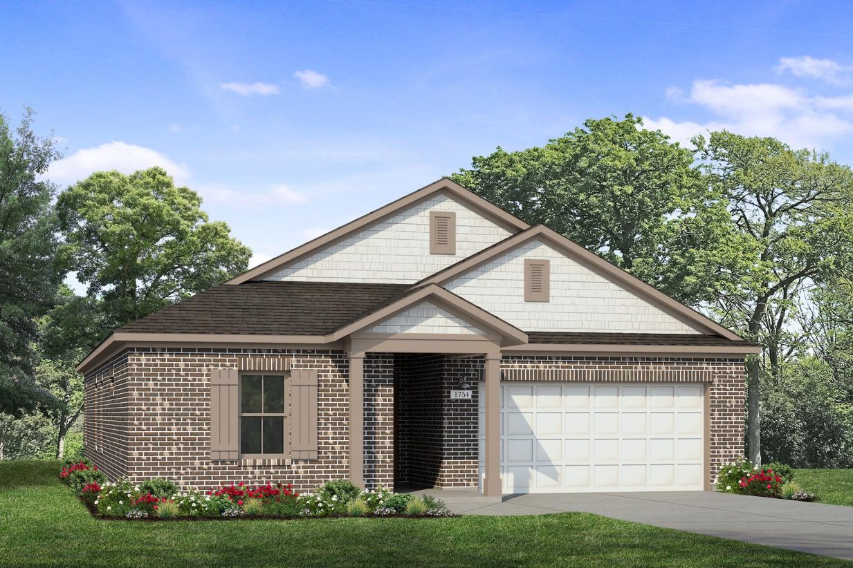 Rendering of one story home with two-tone siding, accents, and garage, and dark brick, as well as driveway, and landscaping