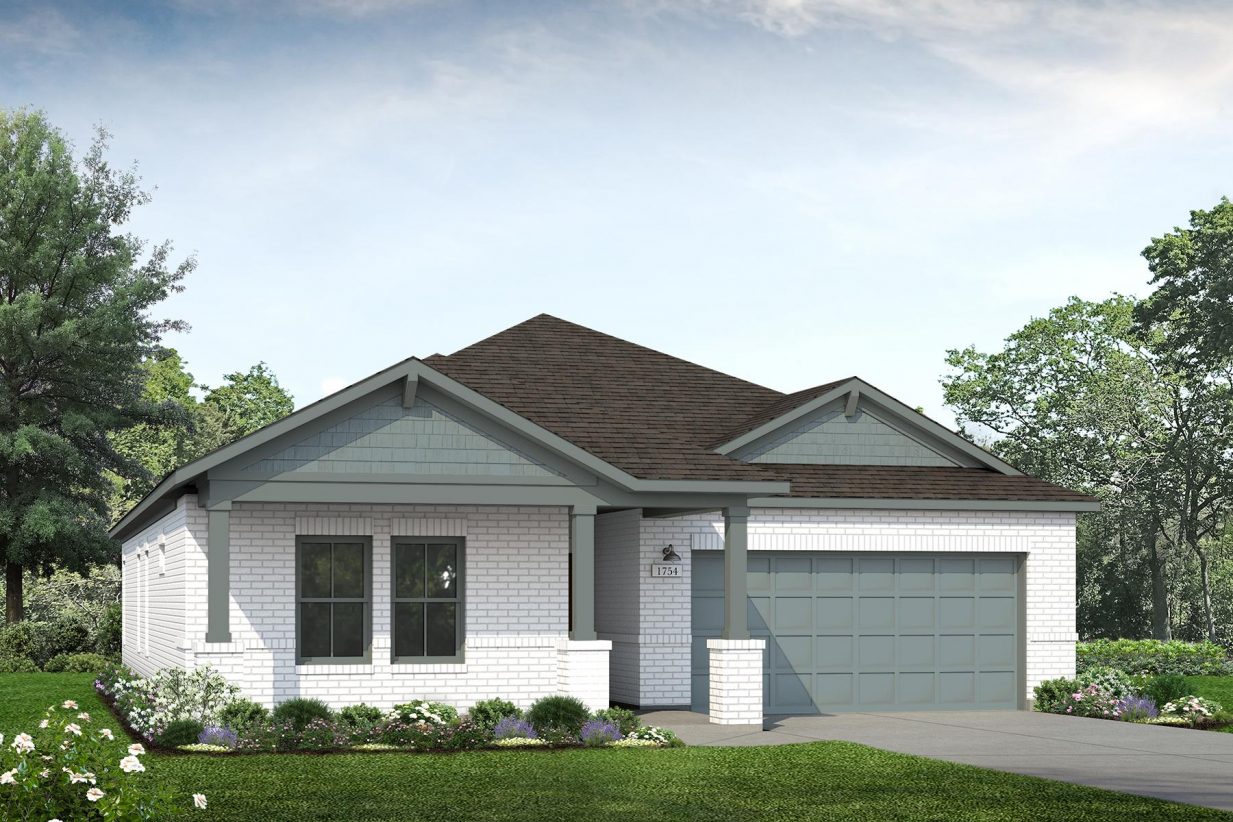 Rendering of one story home with teal siding, accents, and garage, and white brick, as well as driveway, and landscaping