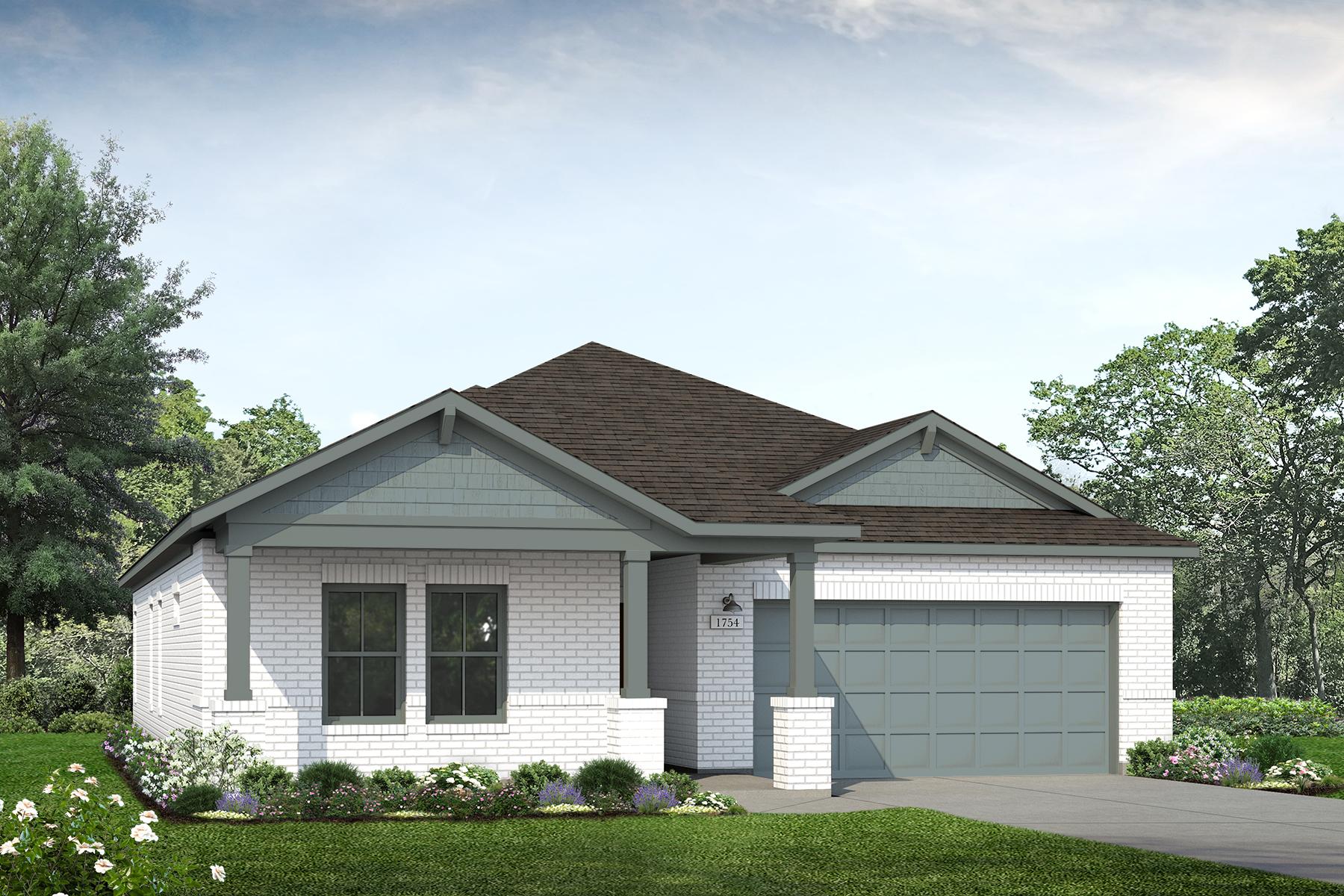 Rendering of one story home with teal siding, accents, and garage, and white brick, as well as driveway, and landscaping
