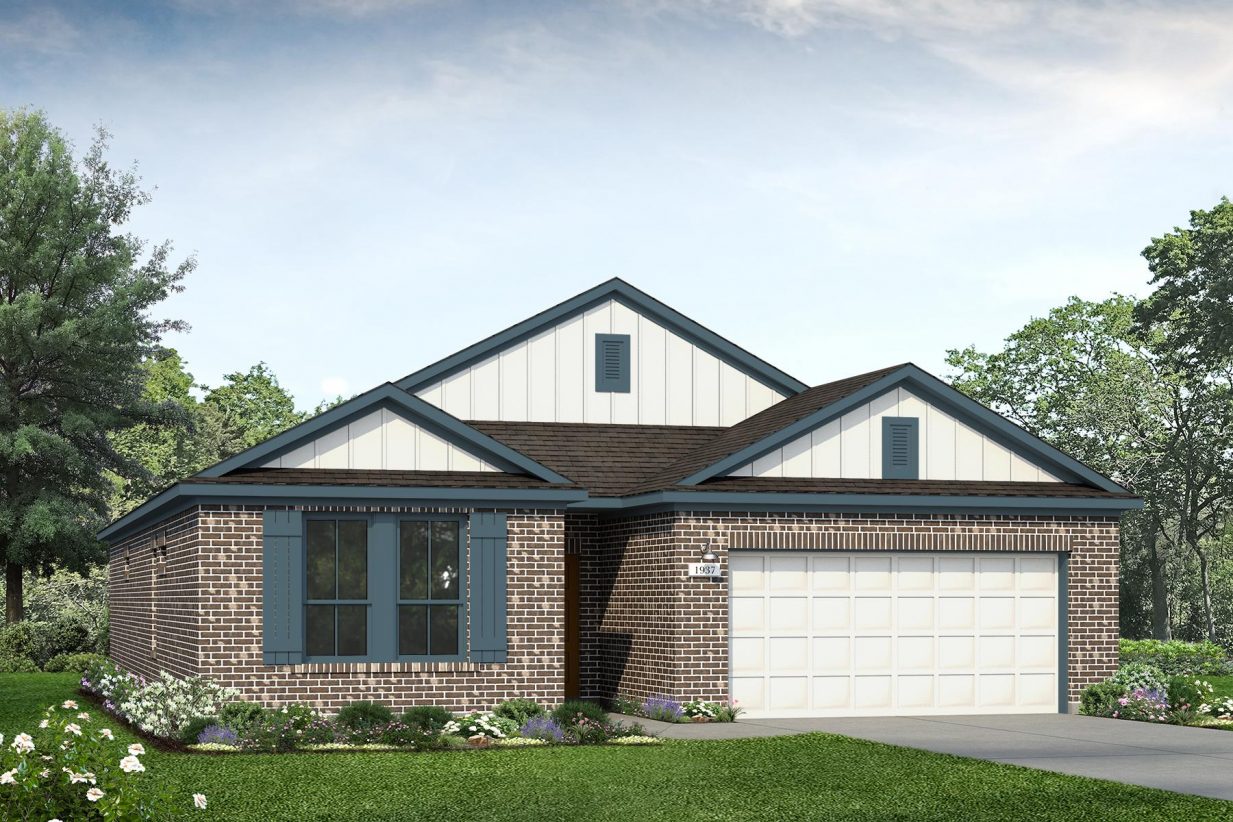 Rendering of one story home with white board and batten and garage, blue accents, and dark brick with a driveway and landscaping