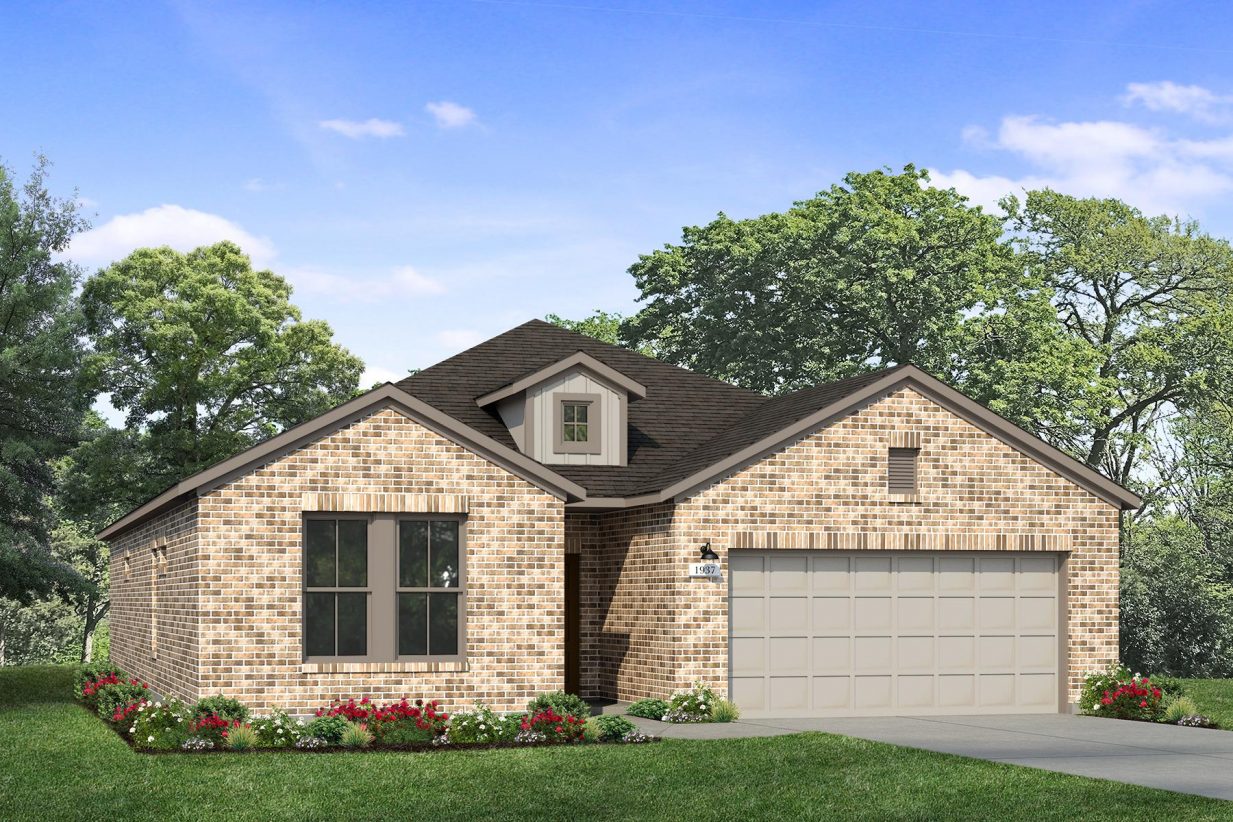 Rendering of one story home with two-tone tan board and batten, accents, and garage, and brick with a driveway and landscaping