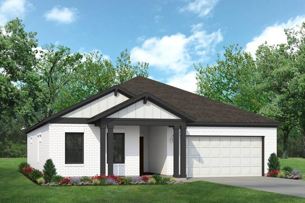 Rendering of one story home with white board and batten, brick, and garage, with black accents, and a driveway and landscaping