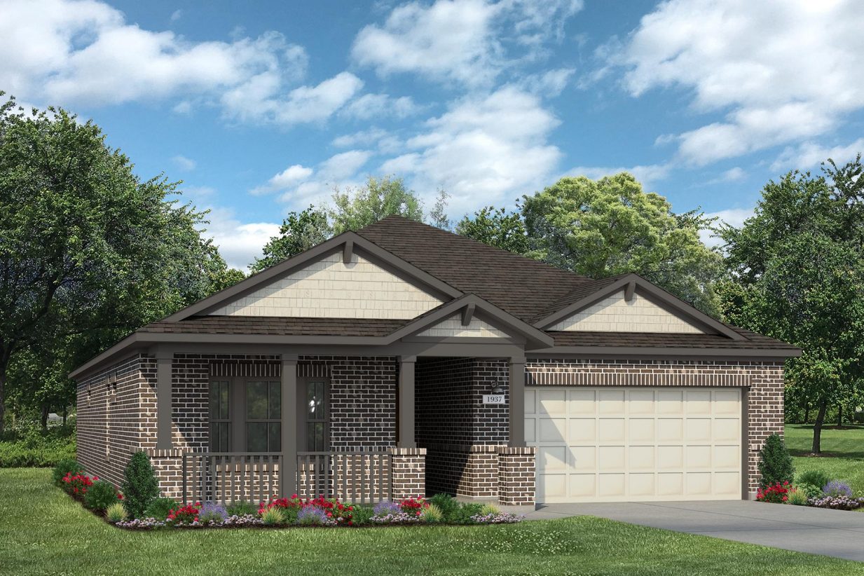 Rendering of one story home with two-tone tan board and batten, accents, and garage, and dark brick with a driveway and landscaping