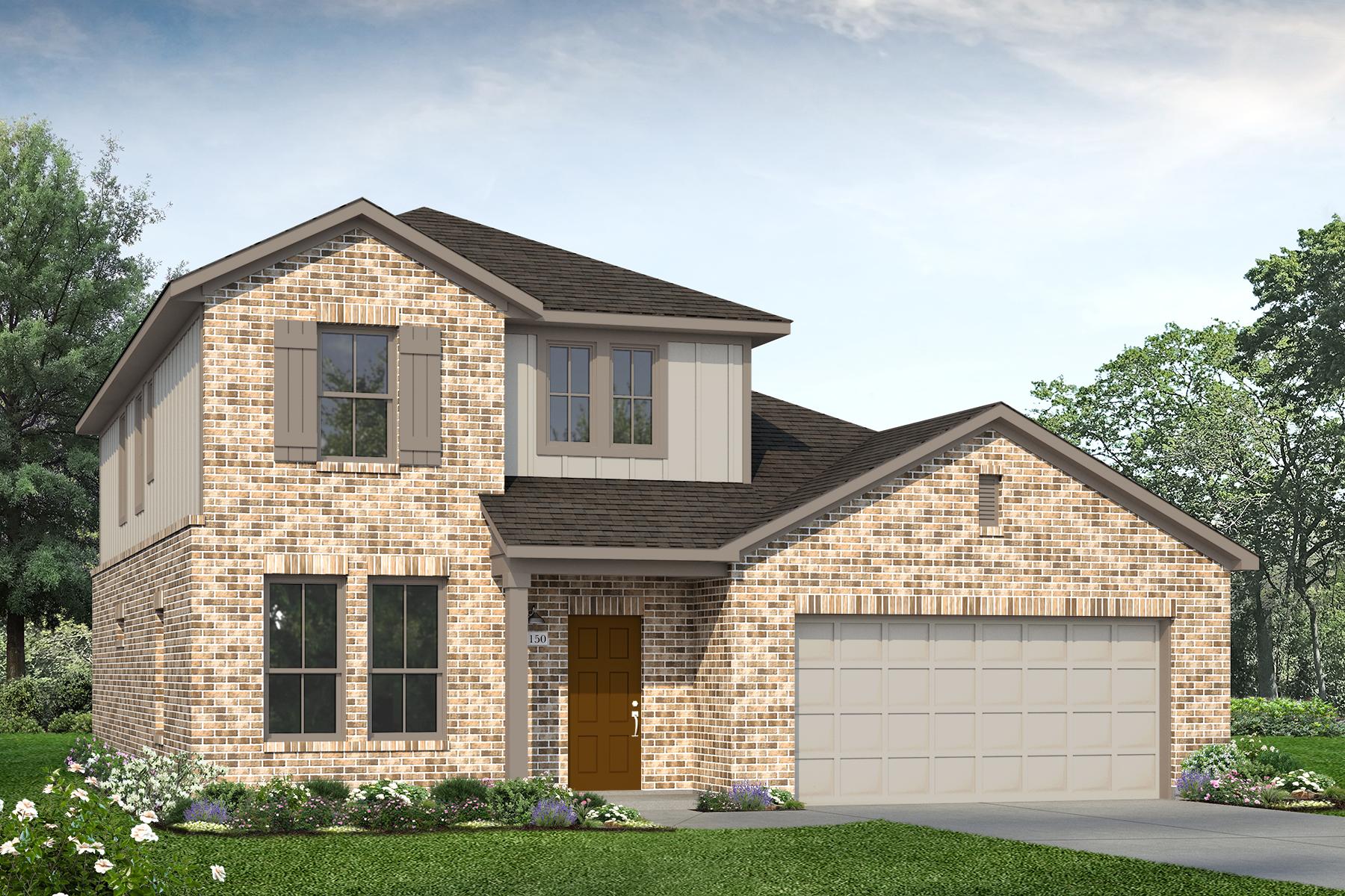 Rendering of two story home with two-tone tan stucco, siding, accents, and garage, with light brick, driveway, and landscaping