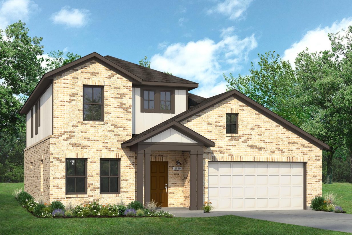 Rendering of two story home with two-tone tan stucco, siding, accents, and garage, with light brick, driveway, and landscaping