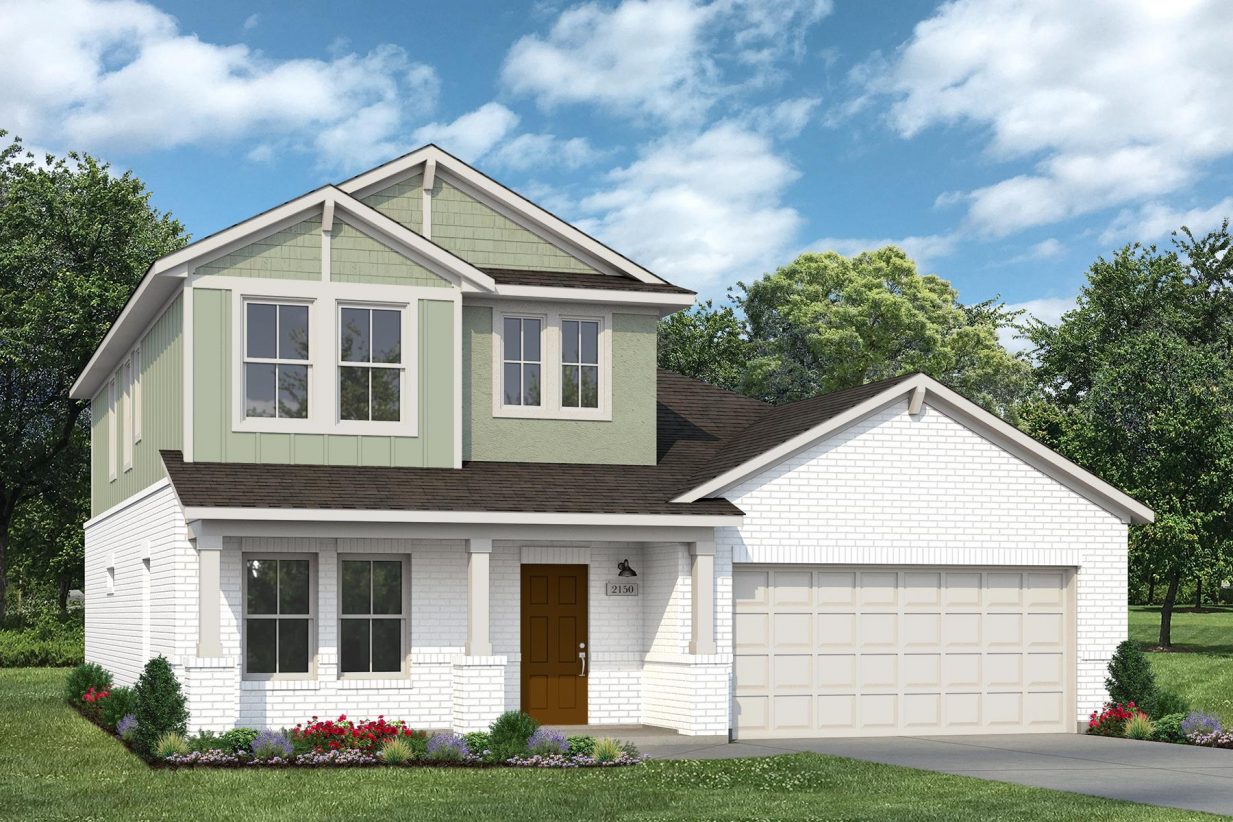Rendering of two story home with green stucco, siding, white accents, and garage, with white brick, driveway, and landscaping