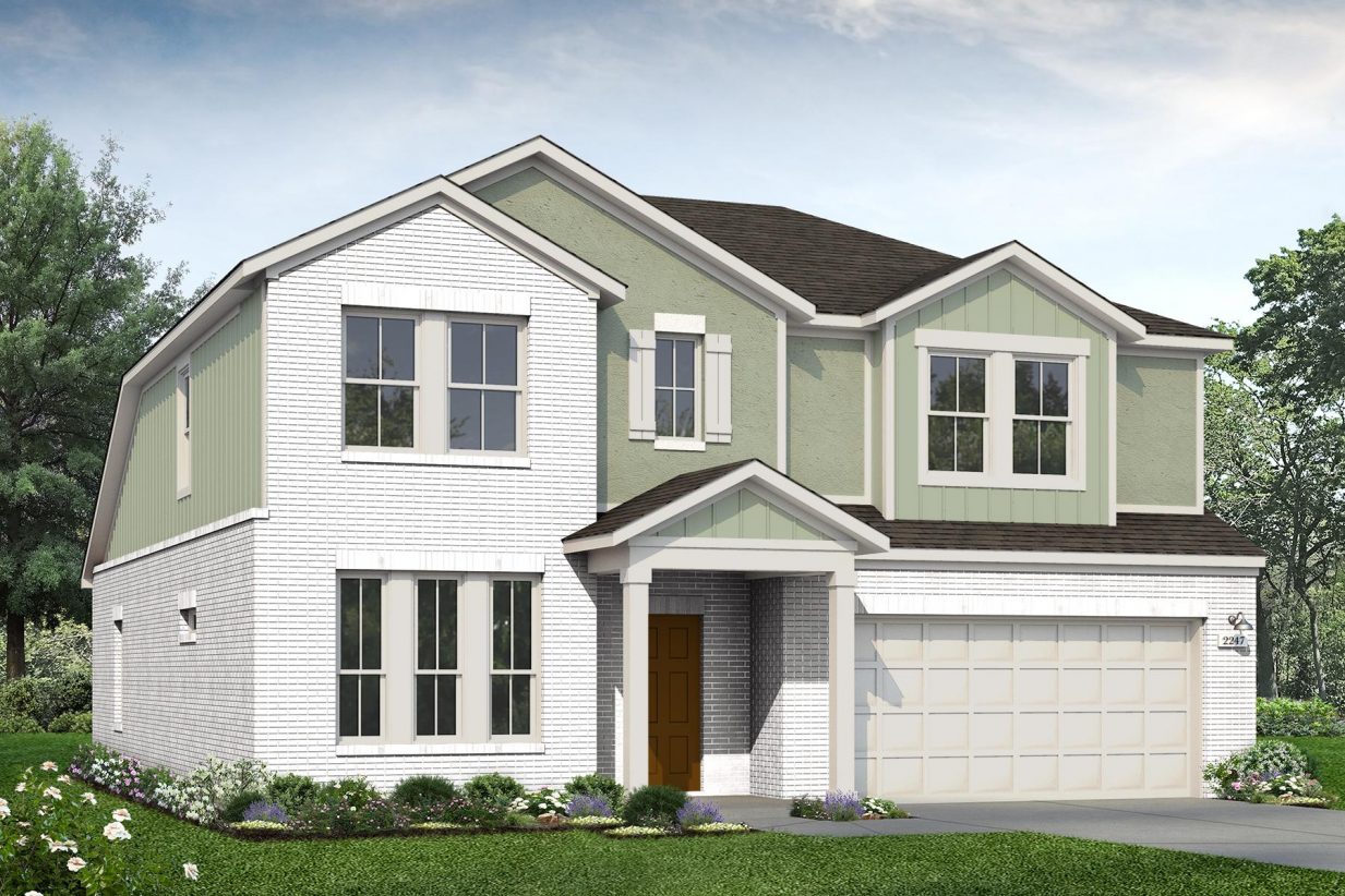 Rendering of two story home with green stucco, siding, white accents, and garage, with white brick, driveway, and landscaping
