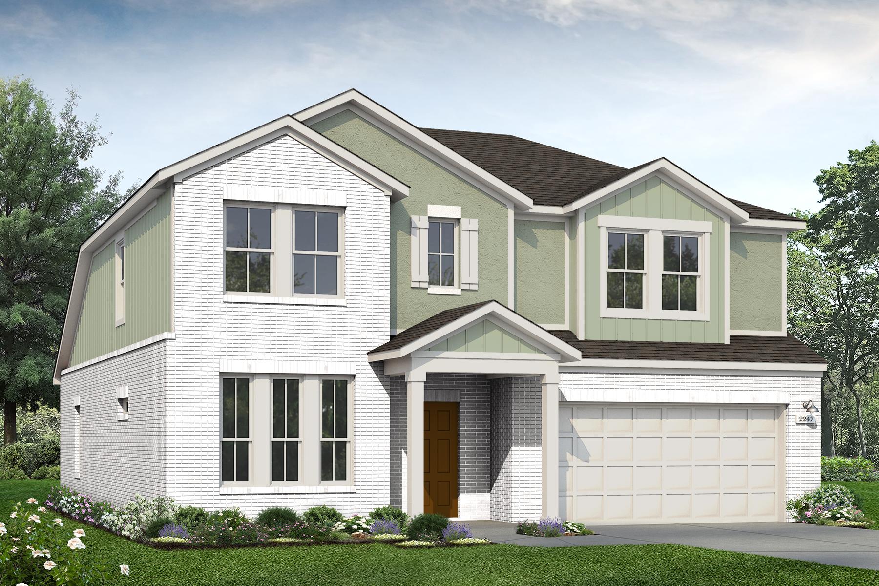 Rendering of two story home with green stucco, siding, white accents, and garage, with white brick, driveway, and landscaping