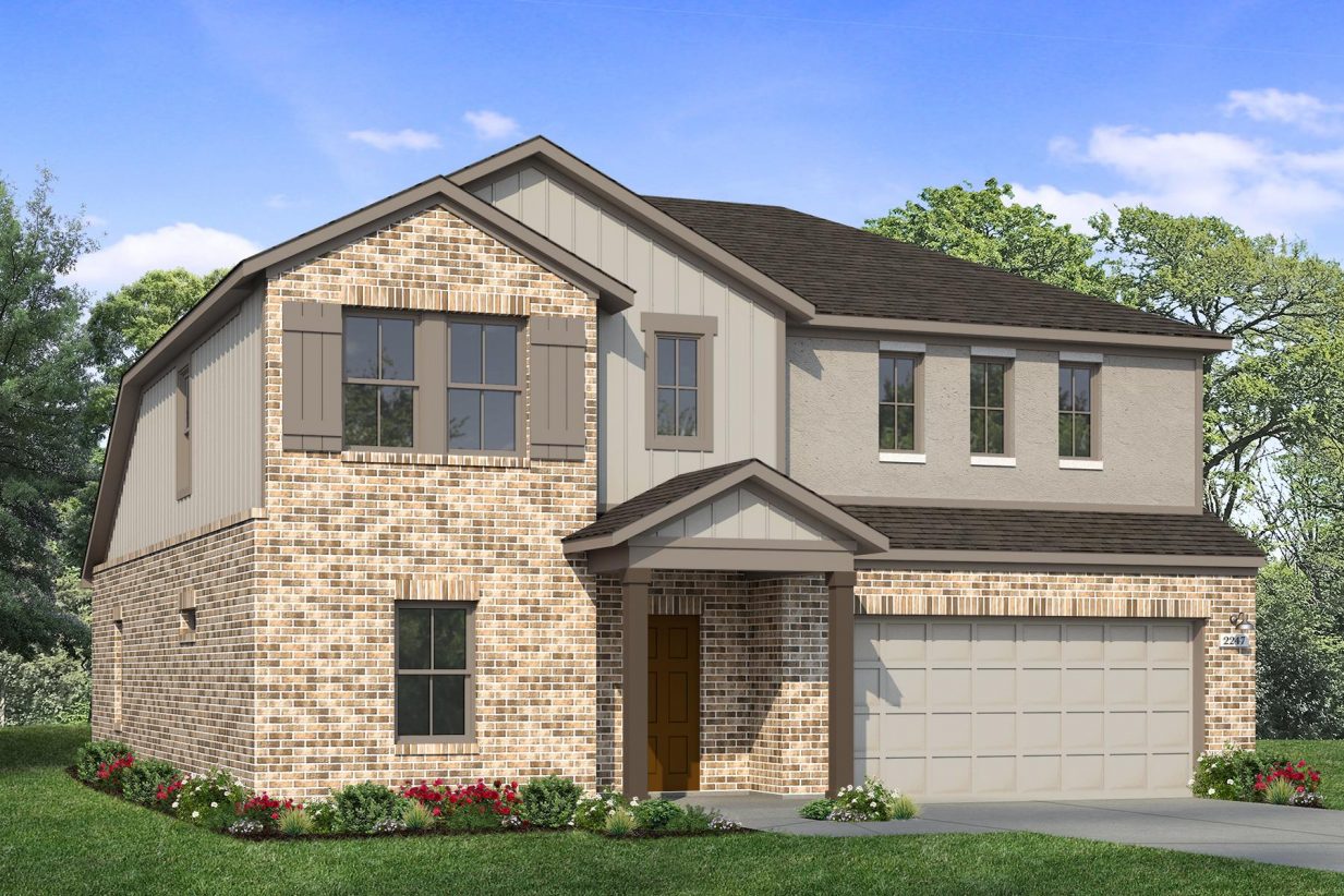 Rendering of two story home with two-tone tan stucco, siding, accents, and garage, with light brick, driveway, and landscaping