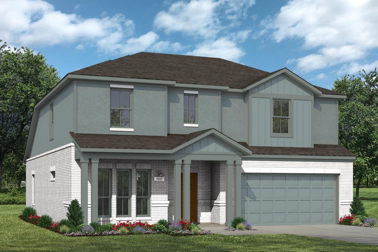 Rendering of two story home with teal stucco, siding, accents, and garage, with white brick, driveway, and landscaping