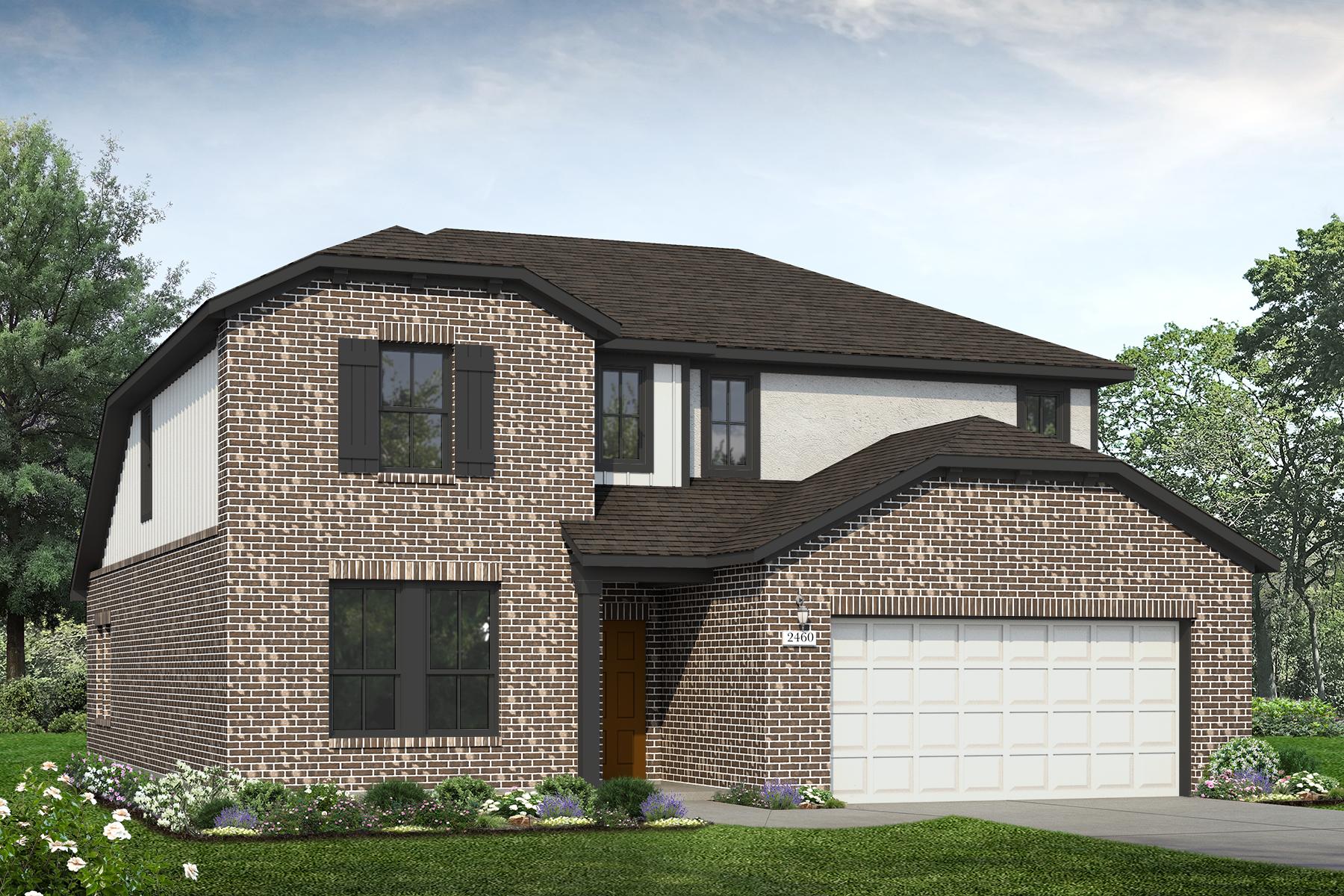 Rendering of two story home with white stucco, siding, garage, black accents, and dark brick, driveway, and landscaping