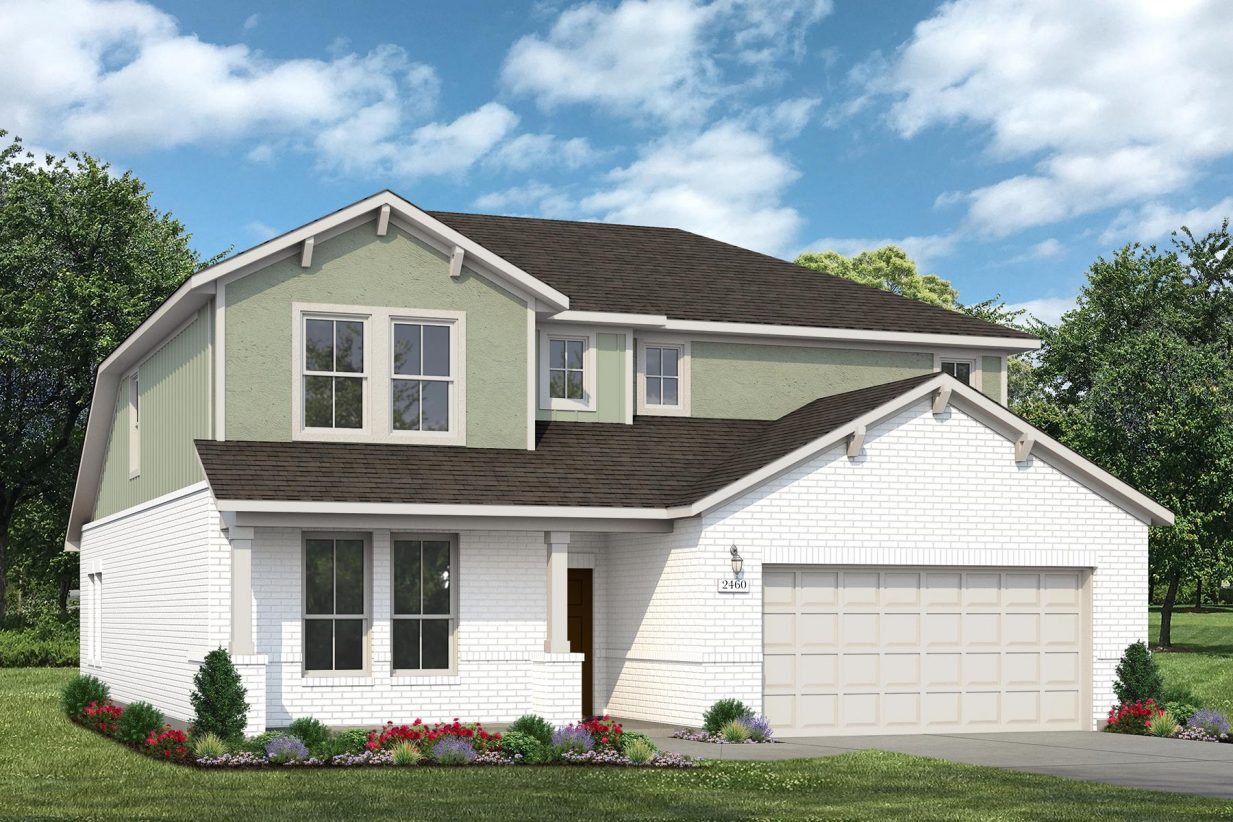 Rendering of two story home with green stucco, siding, white accents, and garage, with white brick, driveway, and landscaping