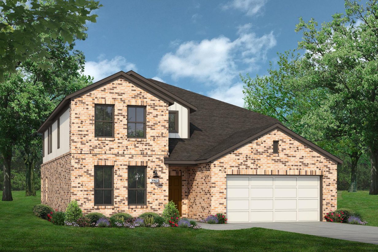 Rendering of two story home with two-tone tan stucco, siding, accents, and garage, with orange tone brick, driveway, and landscaping