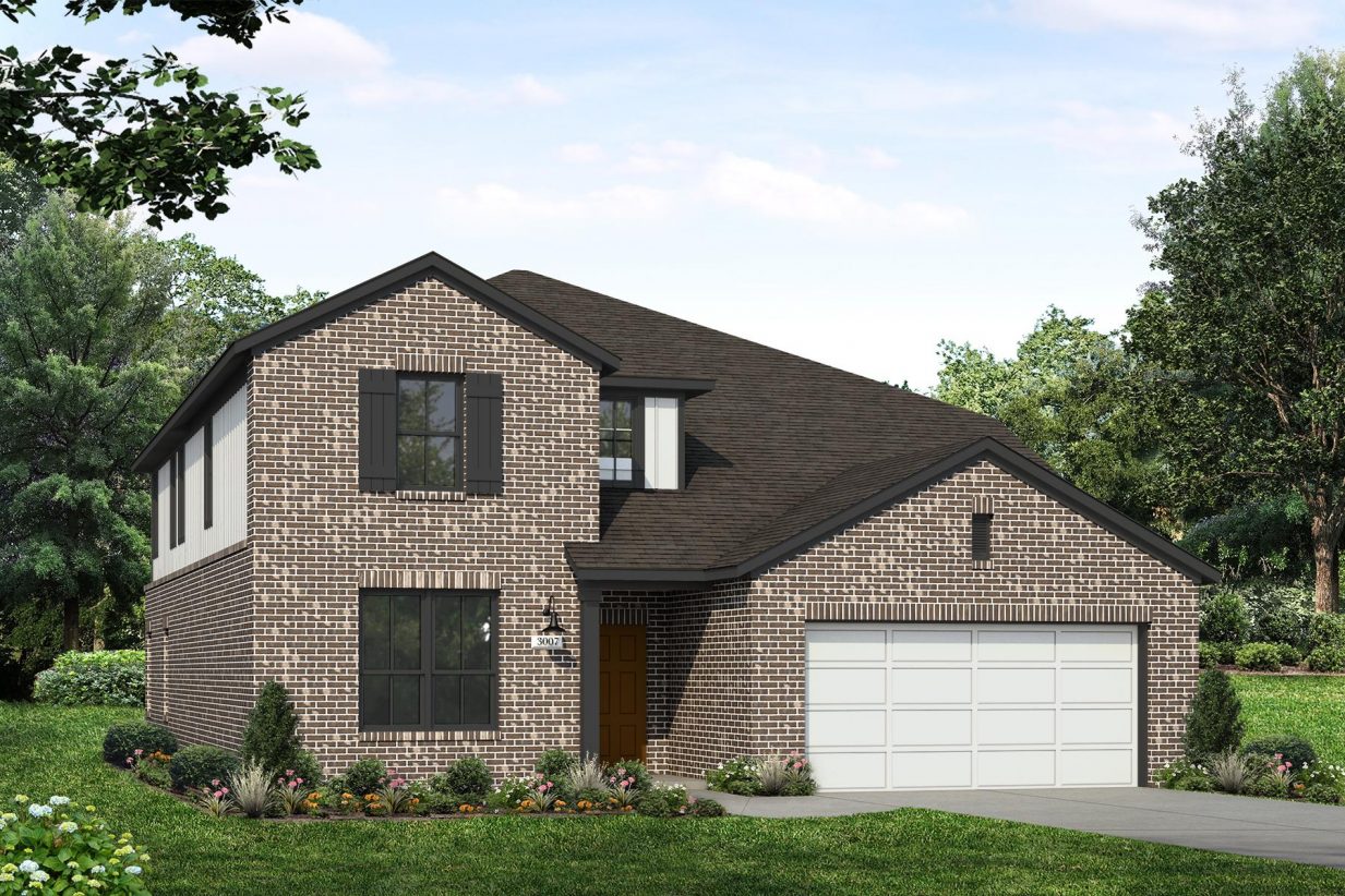 Rendering of two story home with white stucco, siding, garage, black accents, and dark brick, driveway, and landscaping