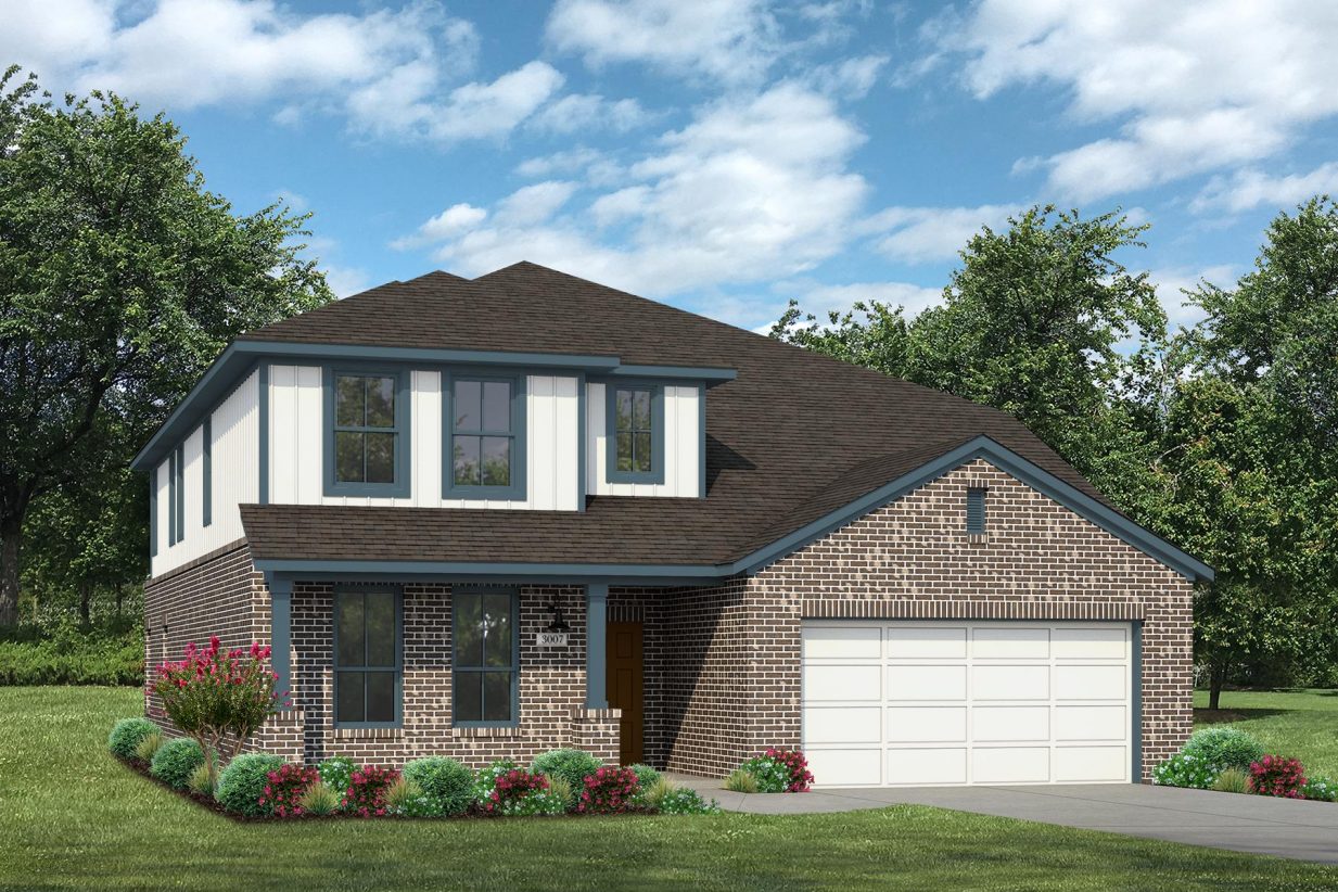 Rendering of two story home with white stucco, siding, and garage, teal accents, with dark brick, driveway, and landscaping