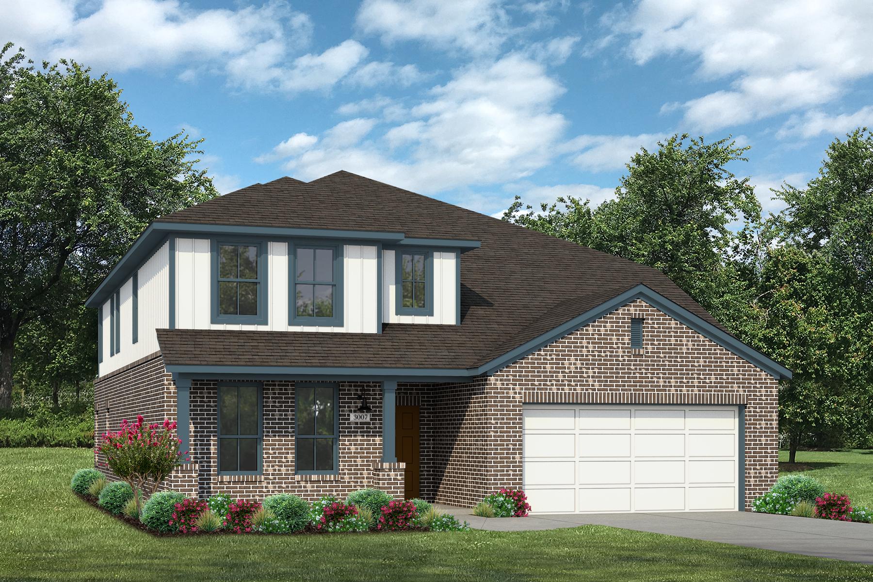 Rendering of two story home with white stucco, siding, and garage, teal accents, with dark brick, driveway, and landscaping