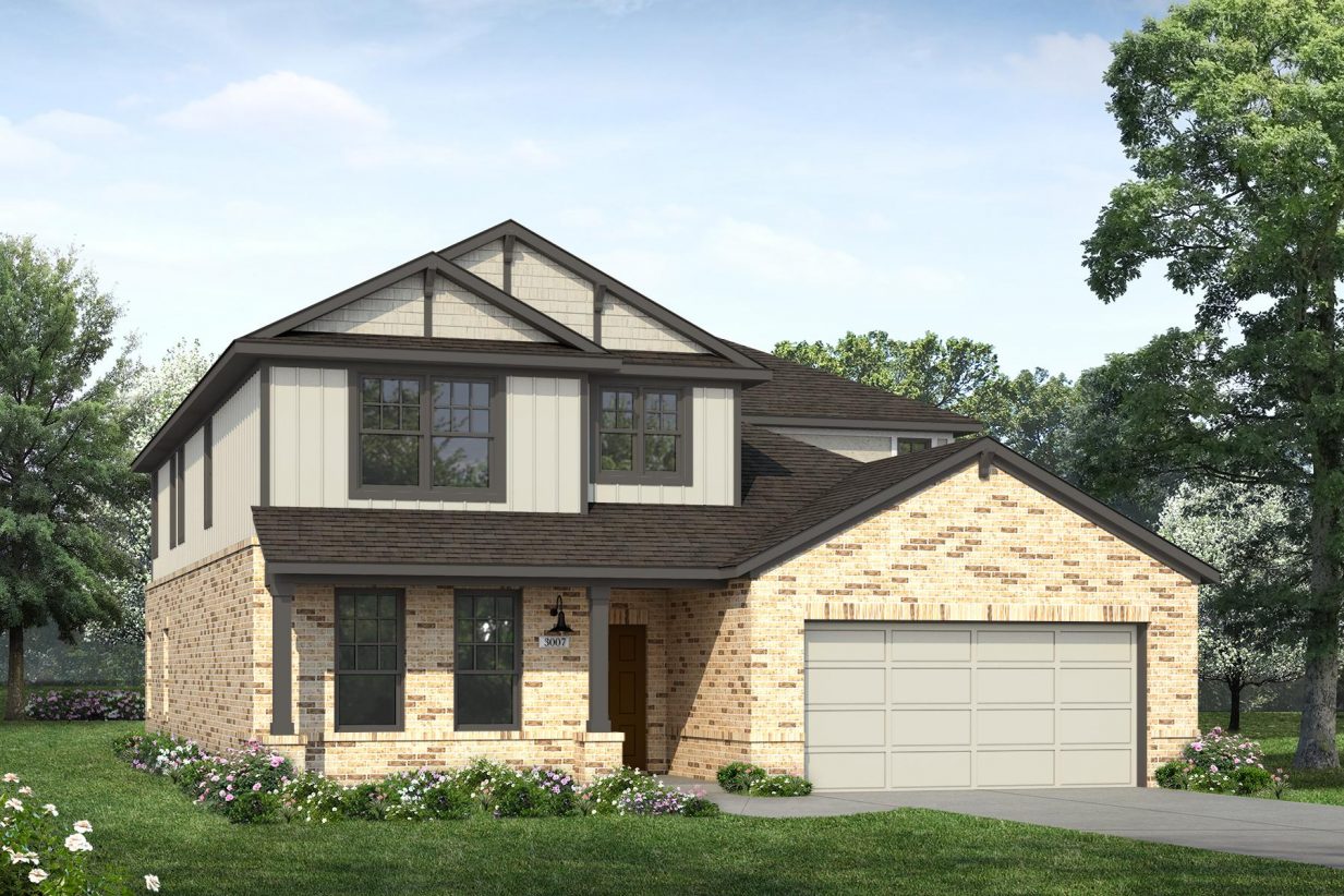 Rendering of two story home with two-tone tan stucco, siding, accents, and garage, with light brick, driveway, and landscaping