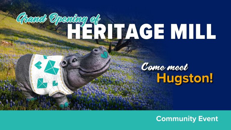 Title card with dark blue background and teal bar across the bottom. Image of a hutto statue wearing a white shirt with teal hearts standing in a field of bluebonnets