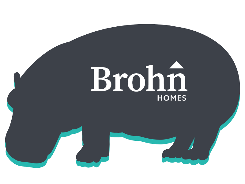 A outline of grey and teal hippo with the words "Brohn Homes "in white on the outline.