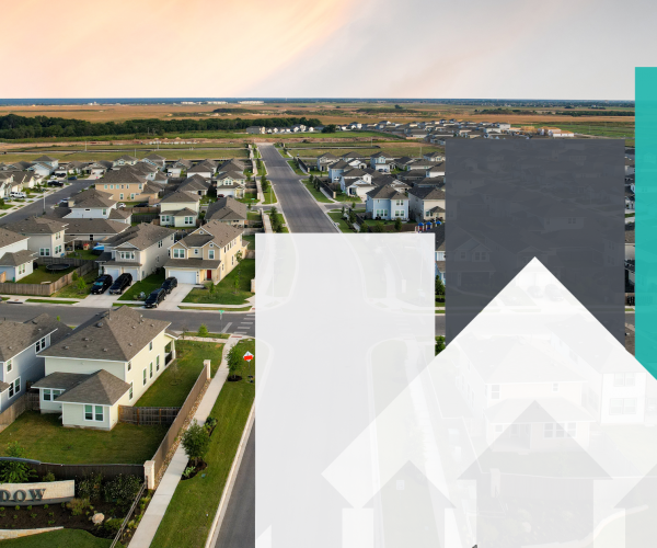 Aerial image with multiple one-story and two-story homes, paved roads' and the "Hymeadow" monument sign with a sunset sky. Overlayed on top is a graphic of homes with with white, teal, and gray graph behilnd it.