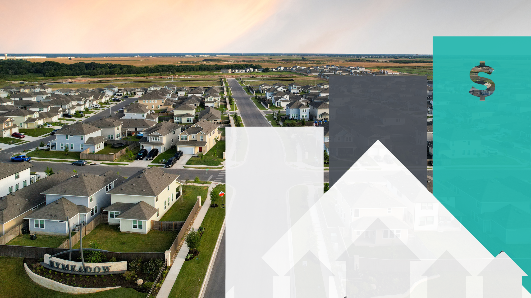 Aerial image with multiple one-story and two-story homes, paved roads' and the "Hymeadow" monument sign with a sunset sky. Overlayed on top is a graphic of homes with with white, teal, and gray graph behilnd it.