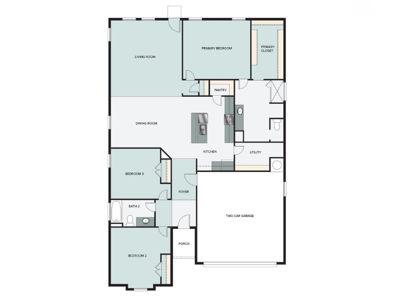 A graphic of a one-story house floor plan with a two-car garage, three bedrooms, and two bathrooms.