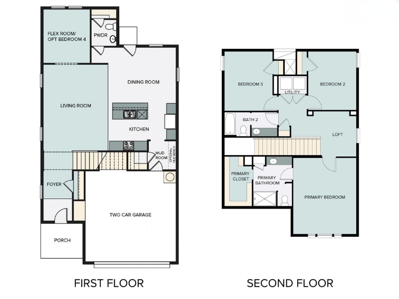 A graphic showing a two story floor plan with an upstairs loft, primary suite, and additional bedrooms.