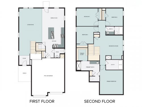 A graphic showing two-story floor plan with multiple bedrooms, including a primary suite, recreation room, and two gargages.