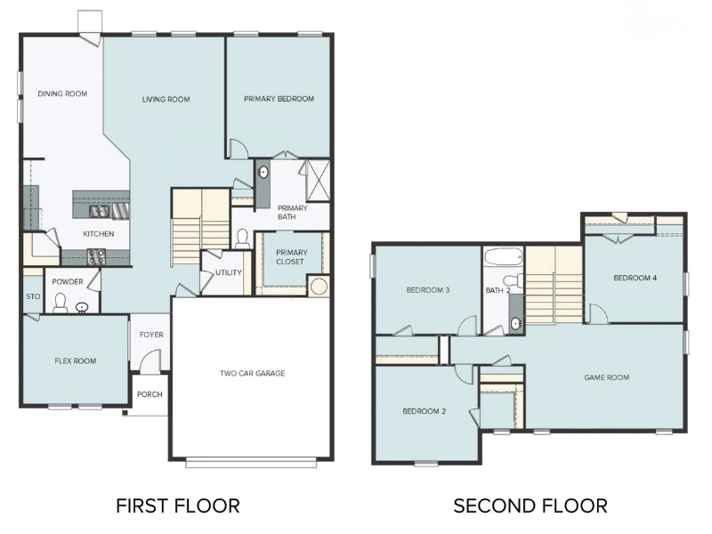 A two-story floor plan with a game plan, flex space, a two-car garage, and a primary suite below.